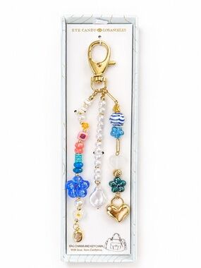 eye candy Gold, Blue & Pink Beaded Heart Key Bag Charm